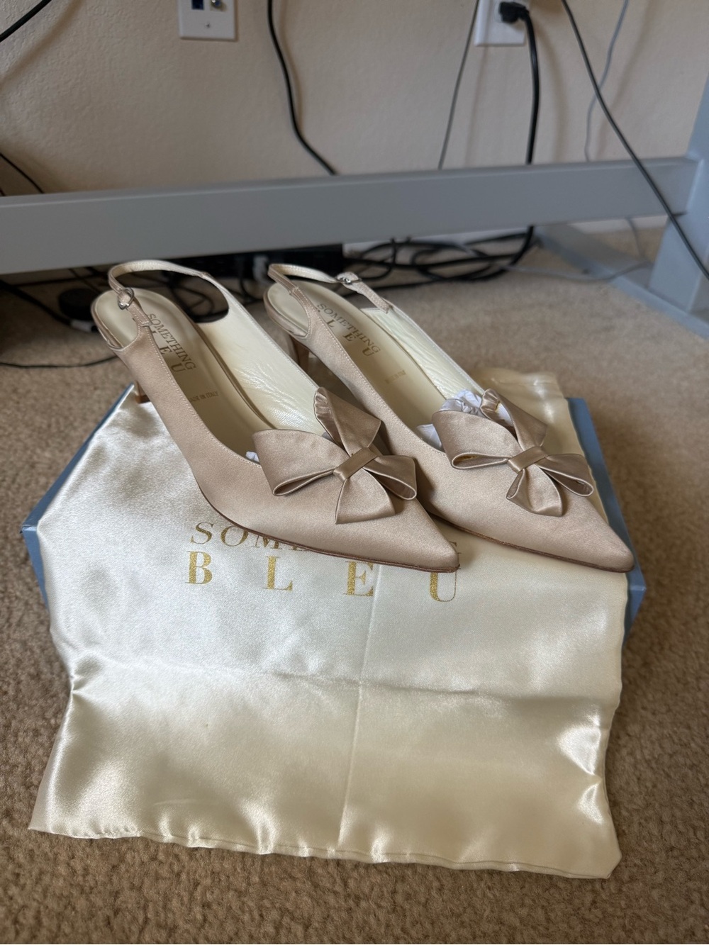 Something Bleu Natalia Nude Satin Bow Slingback Heels Size 10 Bridal